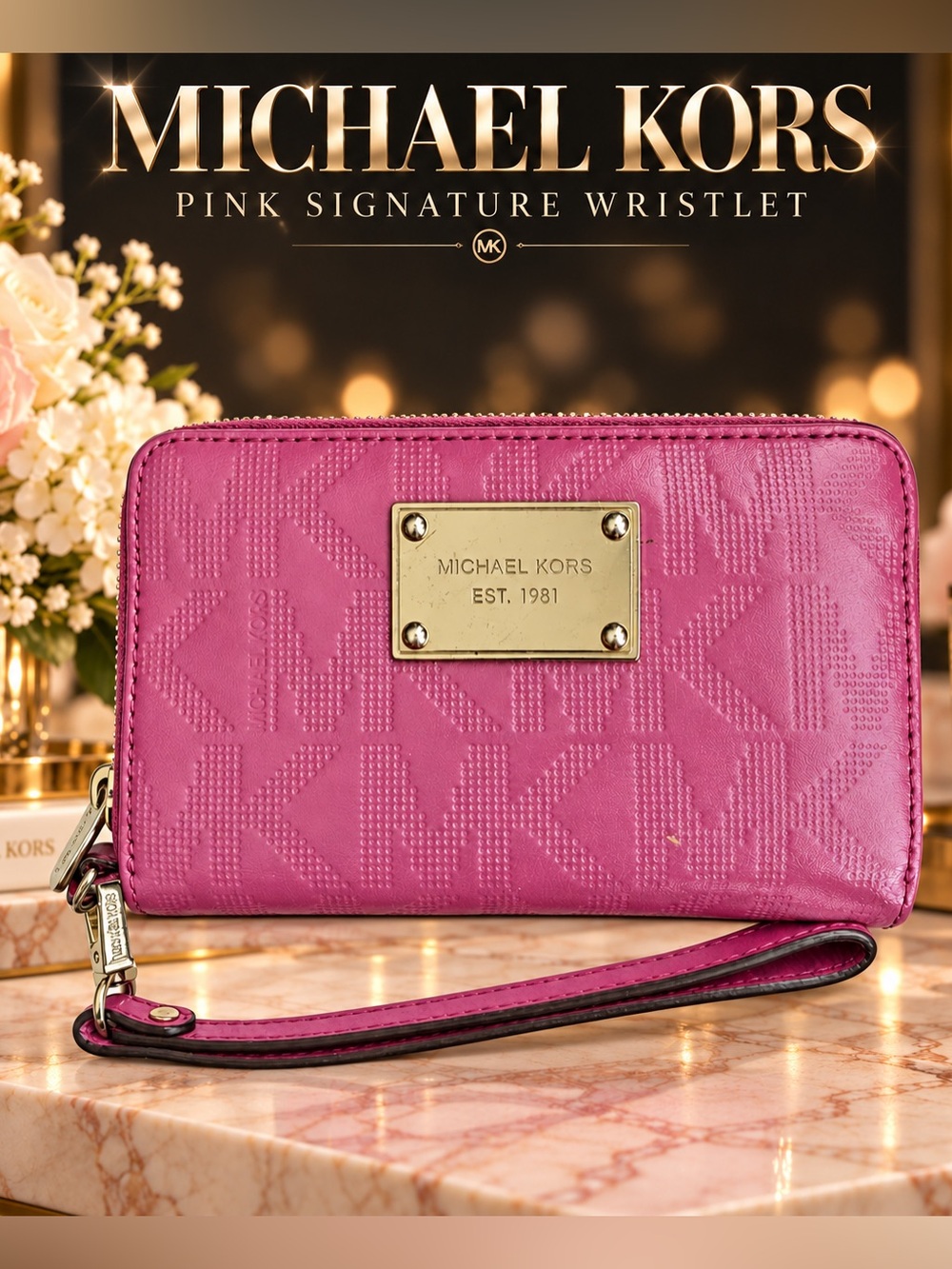 Michael Kors Jet Set Monogram Zip-Around Wristlet Wallet Fuchsia Pink